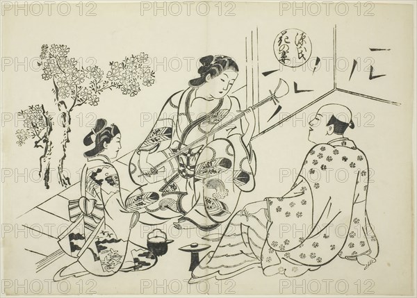 The Hana-no-en Chapter from The Tale of Genji (Genji Hana-no-en), from a series of Genji parodies, c. 1710, Okumura Masanobu, Japanese, 1686-1764, Japan, Woodblock print, oban, sumizuri-e, 27.3 x 38.4 cm
