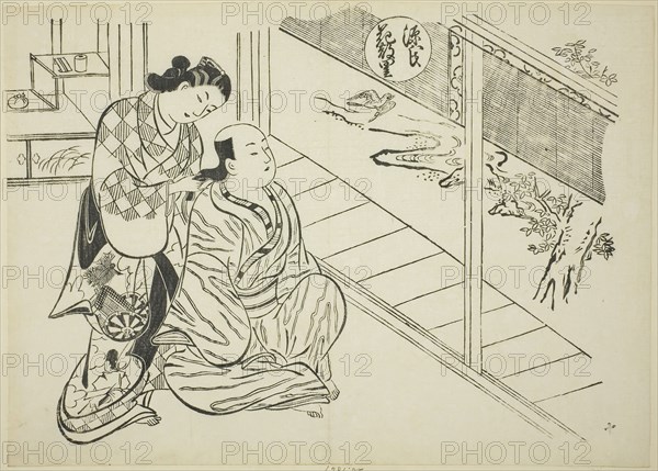 The Hanachirusato Chapter from The Tale of Genji (Genji Hanachirusato), from a series of Genji parodies, c. 1710, Okumura Masanobu, Japanese, 1686-1764, Japan, Woodblock print, oban, sumizuri-e, 27.3 x 37.9 cm
