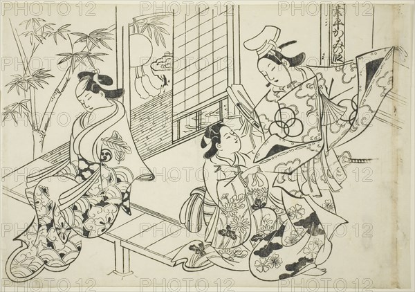 Narihira: The Mirror Scene (Narihira kagami no dan), from the series Famous Scenes from Japanaese Puppet Plays (Yamato irotake), c. 1705/06, Okumura Masanobu, Japanese, 1686-1764, Japan, Woodblock print, oban, sumizuri-e, 27.2 x 39.1 cm