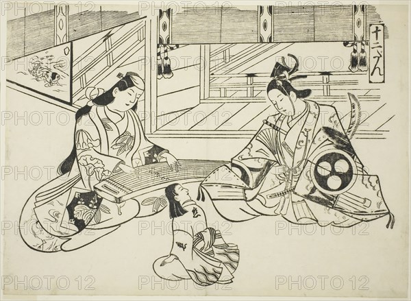 Yoshitsune (Ushiwaka) and Princess Joruri, from the series Famous Scenes from Japanese Puppet Plays (Yamato irotake), c. 1705/06, Okumura Masanobu, Japanese, 1686-1764, Japan, Woodblock print, oban, sumizuri-e, 27.2 x 37.9 cm