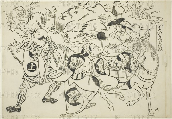 Teika’s Journey (Taika no michiyuki), from the series Famous Scenes from Japanese Puppet Plays (Yamato irotake), c. 1705/06, Okumura Masanobu, Japanese, 1686-1764, Japan, Woodblock print, oban, sumizuri-e, 27.3 x 39.2 cm
