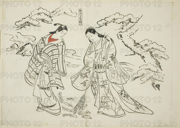 Sleeve-Letter Takasago (Sodefumi Takasago), no. 2 from a series of 12 prints depicting parodies of plays, c. 1716/35, Okumura Masanobu, Japanese, 1686-1764, Japan, Hand-colored woodblock print, oban, sumizuri-e, 27.2 x 38.5 cm