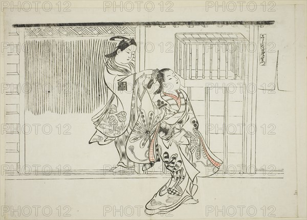 Comb Rashomon (Sashigushi Rashomon), no. 3 from a series of 12 prints depicting parodies of plays, c. 1716–35, Okumura Masanobu, Japanese, 1686-1764, Japan, Hand-colored woodblock print, oban, sumizuri-e, 27.2 x 38.6 cm