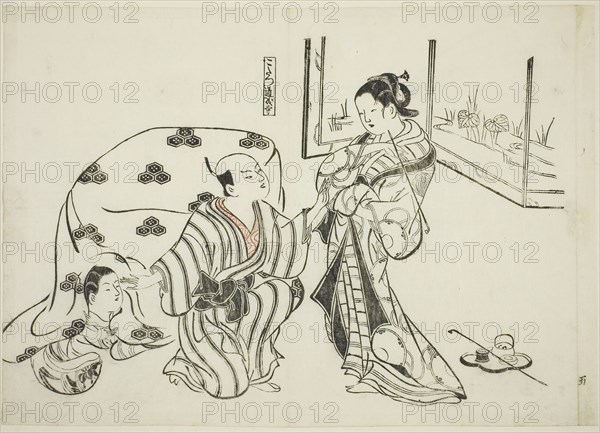 Kotatsu Dojoji, no. 5 from a series of 12 prints depicting parodies of plays, c. 1716/35, Okumura Masanobu, Japanese, 1686-1764, Japan, Hand-colored woodblock print, oban, sumizuri-e, 27.2 x 38.6 cm