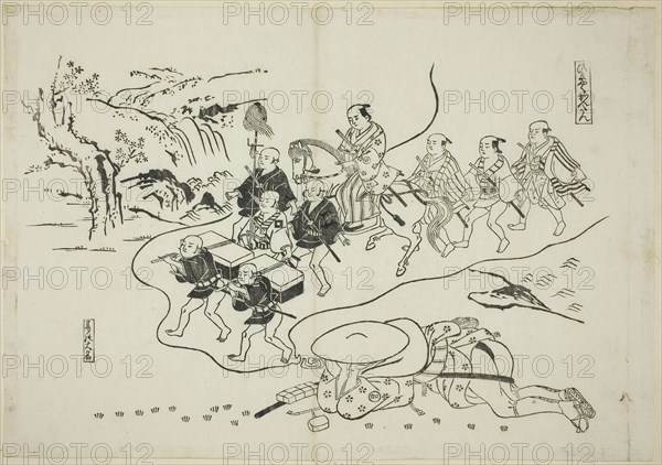 The Courier Kantan dreaming of Himself as a Daimyo (Hikyaku Kantan: yume no daimyo), no. 8 from a series of 12 prints depicting parodies of plays, c. 1716/35, Okumura Masanobu, Japanese, 1686-1764, Japan, Woodblock print, oban, sumizuri-e, 27.1 x 38.9 cm