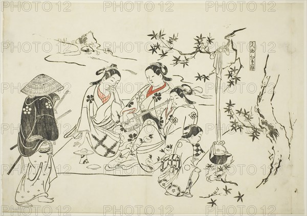 Heating Sake with Maple Leaves (Kanzake momijigari), no. 9 from a series of 12 prints depicting parodies of plays, c. 1716/35, Okumura Masanobu, Japanese, 1686-1764, Japan, Hand-colored woodblock print, oban, sumizuri-e, 27.0 x 38.5 cm