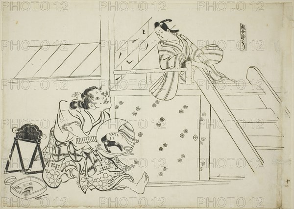 A Woman Nomori (Onna Nomori), no. 11 from a series of 12 prints depicting parodies of plays, c. 1716/35, Okumura Masanobu, Japanese, 1686-1764, Japan, Woodblock print, oban, sumizuri-e, 27.1 x 38.2 cm