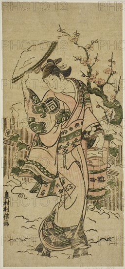 The Actor Sanogawa Mangiku as a woman walking in the snow, c. 1742, Okumura Toshinobu, Japanese, active c. 1717-50, Japan, Color woodblock print, hosoban, benizuri-e, 12 1/4 x 5 5/8 in.