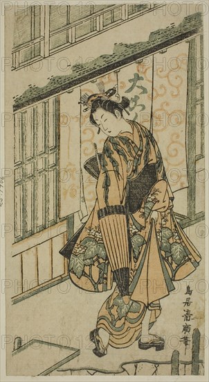 Young Woman Holding an Umbrella, c. 1750, Torii Kiyohiro, Japanese, active c. 1737-76, Japan, Color woodblock print, hosoban, benizuri-e, 10 3/8 x 5 1/2 in.