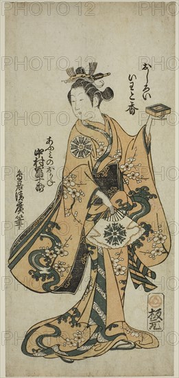 The Actor Nakamura Tomijuro I as Omi no Okane in the play Kongen Okuni Kabuki performed at the Nakamura Theater in the seventh month, 1754, 1754, Torii Kiyohiro, Japanese, active c. 1737-76, Japan, Color woodblock print, hosoban, benizuri-e, 31.6 x 14.5 cm (12 1/2 x 5 5/8 in.)