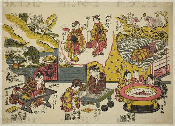 Three Young Dreamers, c. 1760, Torii Kiyohiro, Japanese, active c. 1737-76, Japan, Color woodblock print, uncut hosoban triptych, benizuri-e, 12 1/2 x 17 1/4 in.