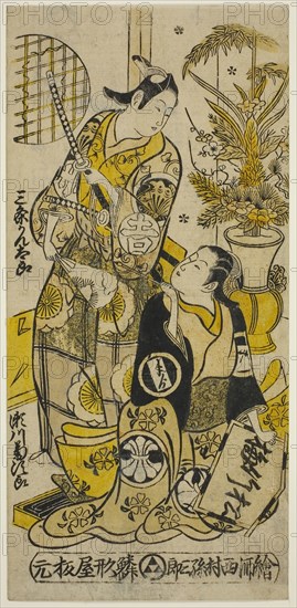 The Actors Segawa Kikujiro I as Oshichi and Sanjo Kantaro II as Kichisaburo in the play Shochikubai Kongen Soga, performed at the Ichimura Theater in the third month, 1732, 1732, Nishimura Shigenobu, Japanese, active c. 1723-47, Japan, Hand-colored woodblock print, hosoban, urushi-e, 31.2 x 14.8 cm (12 1/4 x 5 3/4 in.)