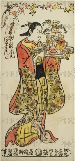 Beauty Carrying a Wedding Decoration, c. 1735, Nishimura Shigenobu, Japanese, active c. 1723-47, Japan, Hand-colored woodblock print, left sheet of hosoban diptych, urushi-e, 12 3/4 x 5 3/4 in.
