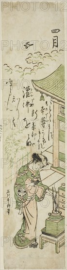 The Fourth Month (Shigatsu), from an untitled series of twelve months, c. 1750, Ishikawa Toyonobu, Japanese, 1711-1785, Japan, Color woodblock print, half hosoban, benizuri-e, 12 1/4 x 2 7/8 in.