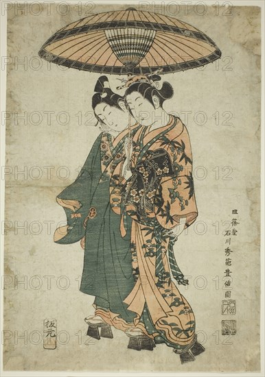 The Actors Sanogawa Ichimatsu I and Segawa Kikunojo I as lovers under an umbrella, c. 1740s, Ishikawa Toyonobu, Japanese, 1711-1785, Japan, Color woodblock print, oban, benizuri-e, 16 3/4 x 11 3/4 in.