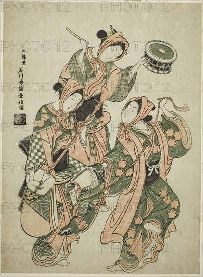 The Hobby Horse Dance (harugoma odori), c. 1750, Ishikawa Toyonobu, Japanese, 1711-1785, Japan, Color woodblock print, oban, benizuri-e, 16 1/4 x 12 in.