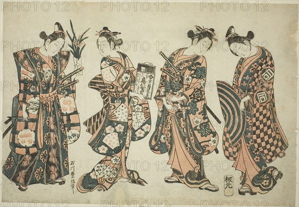 The Actors Sanogawa Ichimatsu (right), Nakamura Kiyosaburo (center right), Sanogawa Senzo (center left), and Nakamura Kumetaro (left), c. 1750, Ishikawa Toyonobu, Japanese, 1711-1785, Japan, Color woodblock print, oban, benizuri-e, 11 3/4 x 17 in.