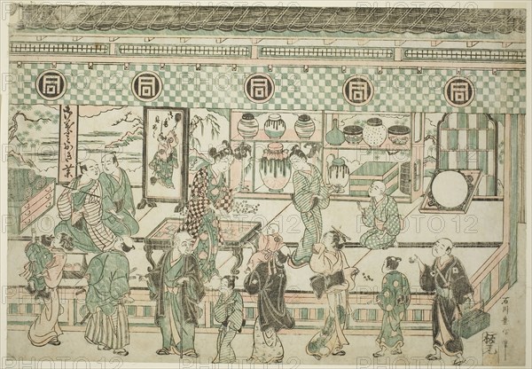 The Shop of Sanogawa Ichimatsu, c. 1743, Ishikawa Toyonobu, Japanese, 1711-1785, Japan, Color woodblock print, oban yoko-e, benizuri-e, 11 3/4 x 17 in.