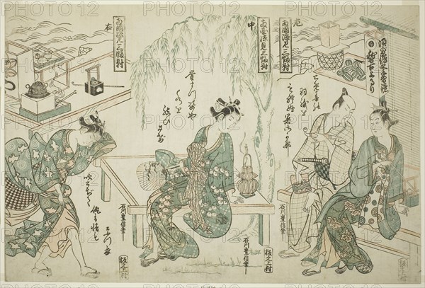 Enjoying the Evening Cool at Ryogoku, A Set of Three (Ryogoku suzumi sanpukutsui), c. 1752, Ishikawa Toyonobu, Japanese, 1711-1785, Japan, Color woodblock print, uncut hosoban triptych, benizuri-e, 11 3/8 x 17 3/4 in.