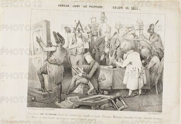 Fameux Jury de Peinture. Salon de 1841, 1840, reissued 1841, Clément Pruche (French, active 1831-1870), printed by Imprimerie d’Aubert et Cie, printed and published by chez Bauger et Cie, published in Le Charivari (French, 1832-1915), France, Lithograph, with scraping on stone, in black on ivory wove paper, with letterpress on verso, 201 × 274 mm (image), 251 × 366 mm (sheet)