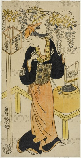 The Actor Sanogawa Mangiku I as Ohatsu in the play Sogazaki Shinju, performed at the Nakamura Theater in the fourth month, 1719, 1719, Okumura Masanobu, Japanese, 1686-1764, Japan, Hand-colored woodblock print, hosoban, urushi-e, 30.3 x 15.2 cm