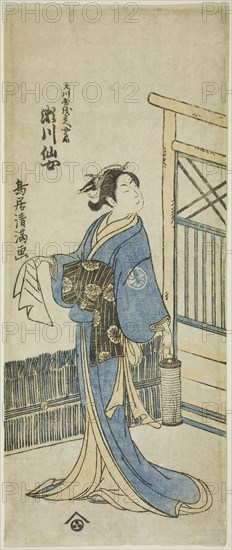 The Actor Segawa Senjo (Kikunojo III) as the wife of Amakawaya Gihei in the play Kanadehon Chushingura, performed at the Nakamura Theater in the fifth month, 1776, 1776, Torii Kiyomitsu I, Japanese, 1735–1785, Japan, Color woodblock print, hosoban, benizuri-e, 12 3/8 x 5 1/8 in.