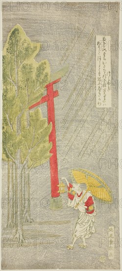 Night Rain at a Shrine, early 1760s, Kitao Shigemasa, Japanese, 1739-1820, Japan, Color woodblock print, hosoban, mizu-e, 12 1/4 x 5 1/2 in.