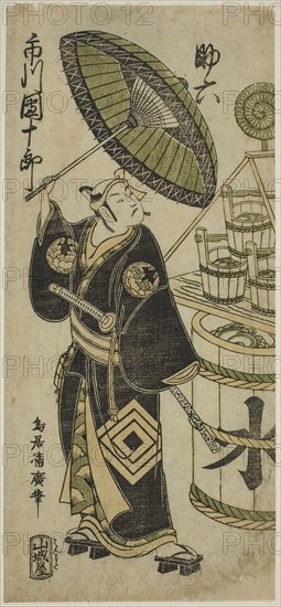 The Actor Ichikawa Danjuro IV as Sukeroku in the play Choseiden Fudan-zakura, performed at the Nakamura Theater in the fourth month, 1756, 1756, Torii Kiyohiro, Japanese, active c. 1737-76, Japan, Color woodblock print, hosoban, benizuri-e, 11 5/8 x 5 3/8 in.