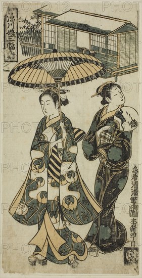 Young Lady and Matron, from Girls of Fukagawa, A Triptych (Fukagawa musume sanpukutsui), c. 1750s, Torii Kiyomitsu I, Japanese, 1735–1785, Japan, Color woodblock print, hosoban, benizuri-e, 11 1/8 x 5 1/2 in.