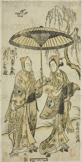 The Actors Segawa Kikunojo II as Ohatsu and Ichikawa Yaozo II as her lover Tokubei in the play Yoni Osaka Nitsui no Meoto, performed at the Ichimura Theater in the second month, 1767, 1767, Torii Kiyomitsu I, Japanese, 1735–1785, Japan, Color woodblock print, hosoban, benizuri-e, 12 1/4 x 5 1/2 in.