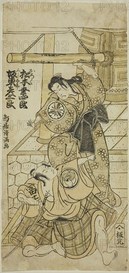 The Actors Matsumoto Koshiro III as Oroku and Bando Hikosaburo II as Fujitaro in the play Shomei Muken no Kane, performed at the Nakamura Theater in the ninth month, 1767, 1767, Torii Kiyomitsu I, Japanese, 1735–1785, Japan, Color woodblock print, hosoban, benizuri-e, 12 x 5 1/2 in.