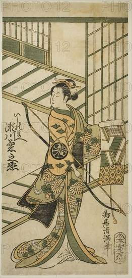 The Actor Segawa Kikunojo II as Ishi no Mae in the play Hoshi Aikotoba Higashiyama no Sakae, performed at the Ichimura Theater in the ninth month, 1763, 1763, Torii Kiyomitsu I, Japanese, 1735–1785, Japan, Color woodblock print, hosoban, benizuri-e, 11 5/8 x 5 3/8 in.
