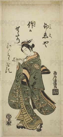 The Actor Nakamura Matsue as Oshichi in the play Fujibumi Sakae Soga, performed at the Ichimura Theater in the second month, 1763, 1763, Torii Kiyomitsu I, Japanese, 1735–1785, Japan, Color woodblock print, hosoban, benizuri-e, 12 x 5 1/4 in.