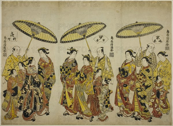 Beauties of the Three Capitals: Shimabara in Kyoto (right), Yoshiwara in Edo (center), and Shinmachi in Osaka (left), c. 1755, Torii Kiyohiro, Japanese, active c. 1737-76, and, Torii Kiyomitsu I, Japanese, 1735–1785, Japan, Hand-colored woodblock print, uncut hosoban triptych, urushi-e, 15 1/4 x 20 7/8 in.