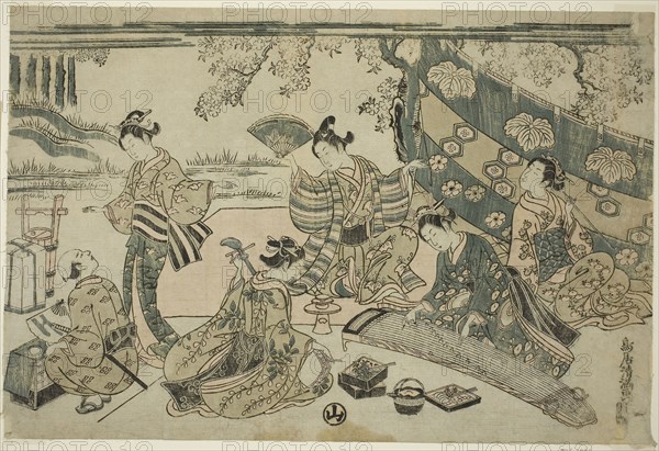 A picnic under cherry trees, c. 1755/64, Torii Kiyomitsu I, Japanese, 1735-1785, Japan, Color woodblock print, oban, benizuri-e, 28.6 x 42.9 cm (11 1/4 x 16 7/8 in.)