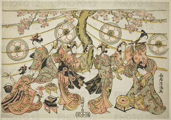 The Harugoma Dance, c. 1764, Torii Kiyomitsu I, Japanese, 1735-1785, Japan, Color woodblock print, o-oban yoko-e, benizuri-e, 11 7/8 x 16 15/16 in.