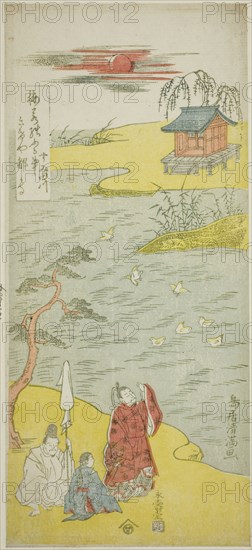 The Poet Ariwara no Narihira on the bank of the Sumida River, c. 1764, Torii Kiyomitsu I, Japanese, 1735-1785, Japan, Color woodblock print, hosoban, mizu-e, 12 1/2 x 5 5/8 in.
