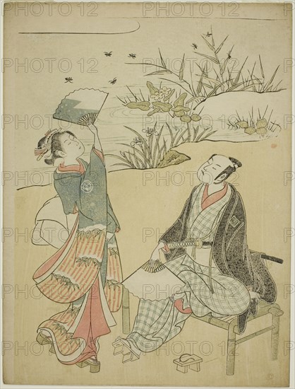 Two Actors Catching Fireflies, c. 1765/70, Attributed to Torii Kiyomitsu I, Japanese, 1735-1785, Japan, Color woodblock print, chuban, 11 3/8 x 8 5/8 in.