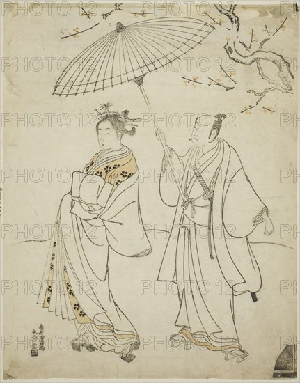 The Actors Ichikawa Komazo I (L) and Nakamura Matsue I (R), c. 1770, Torii Kiyomitsu I, Japanese, 1735–1785, Japan, Woodblock print, chuban, keyblock proof impression, 27.7 x 21.9 cm (10 7/8 x 8 9/16 in.)