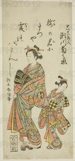 The Actor Segawa Kikunojo II as the courtesan Umegae in the play Hiragana Seisuiki, performed at the Ichimura Theater in the first month, 1764, 1764, Suzuki Harunobu ?? ??, Japanese, 1725 (?)-1770, Japan, Color woodblock print, hosoban, benizuri-e, 30.9 x 13.9 cm (12 1/8 x 5 3/8 in.)
