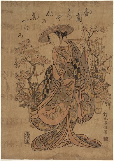 A Flower Vendor, 1751/64, Suzuki Harunobu ?? ??, Japanese, 1725 (?)-1770, Japan, Color woodblock print, oban, benizuri-e, 43.8 x 30.9 cm (17 1/4 x 12 in.)