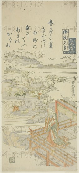 Empress Jito (Jito Tenno), from the series One Hundred Poems by One Hundred Poets (Hyakunin isshu no uchi), c. 1763/64, Suzuki Harunobu ?? ??, Japanese, 1725 (?)-1770, Japan, Color woodblock print, hosoban, mizu-e, 12 1/4 x 5 1/2 in.