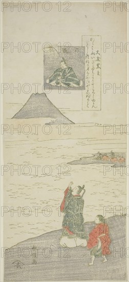 Poem by Otomo no Kuronushi, from the series Six Famous Poets (Rokkasen), c. 1764/65, Suzuki Harunobu ?? ??, Japanese, 1725 (?)-1770, Japan, Color woodblock print, hosoban, mizu-e, 12 1/4 x 5 1/2 in.