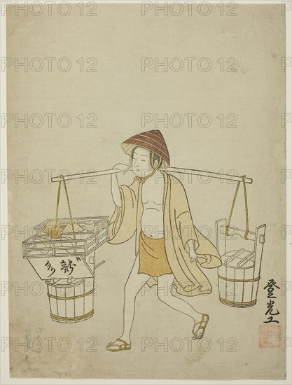 A water vendor, 1765, Suzuki Harunobu ?? ??, Japanese, 1725 (?)-1770, Japan, Color woodblock print, chuban, surimono, 26.4 x 19.7 cm (10 1/4 x 7 5/8 in.)