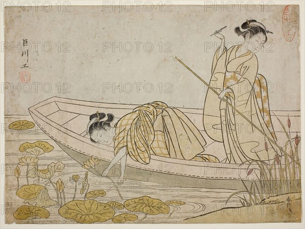 Gathering Lotus Flowers, 1765, Suzuki Harunobu ?? ??, Japanese, 1725 (?)-1770, Japan, Color woodblock print, chuban, surimono, 20.3 x 27.6 cm (8 1/8 x 10 7/8 in.)