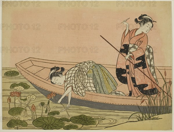Gathering Lotus Flowers, c. 1765, Suzuki Harunobu ?? ??, Japanese, 1725 (?)-1770, Japan, Color woodblock print, chuban, 21.1 x 27.6 cm (8 5/16 x 10 7/8 in.)