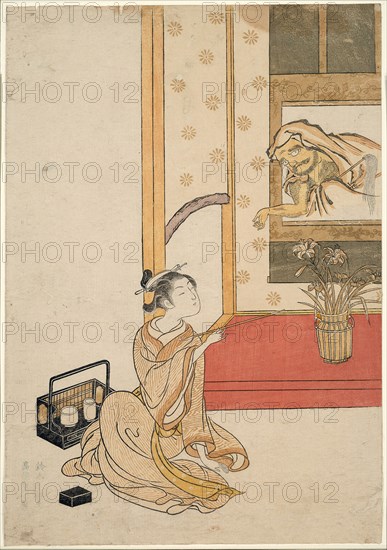 Giving Daruma a Smoke, 1765, Suzuki Harunobu ?? ??, Japanese, 1725 (?)-1770, Japan, Color woodblock print, chuban, 27.6 x 19.2 cm (10 7/8 x 7 1/2 in.)