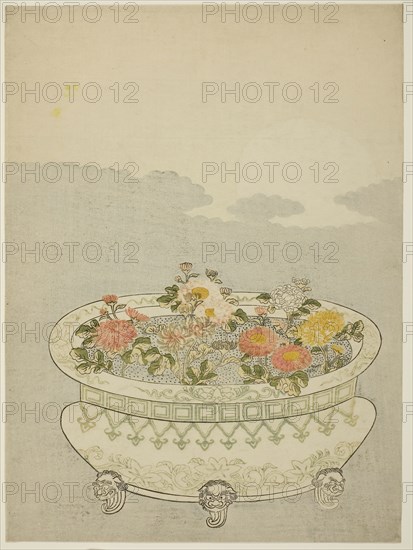 Chrysanthemums and the Rising Moon, c. 1766, Attributed to Suzuki Harunobu ?? ??, Japanese, 1725 (?)–1770, Japan, Color woodblock print, chuban, 11 3/8 x 8 3/8 in.