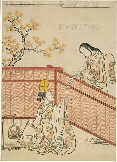 Burning Autumn Maple Leaves, 1765, Suzuki Harunobu ?? ??, Japanese, 1725 (?)-1770, Japan, Color woodblock print, chuban, 28.0 x 20.0 cm (11 x 7 7/8 in.)