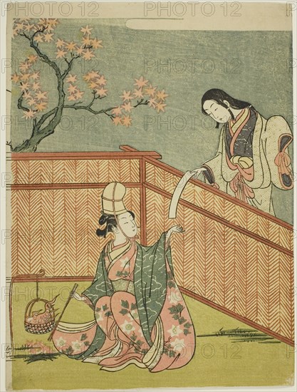 Burning Autumn Maple Leaves, 1765, Suzuki Harunobu ?? ??, Japanese, 1725 (?)-1770, Japan, Color woodblock print, chuban, 26.5 x 19.8 cm (10 7/16 x 7 13/16 in.)